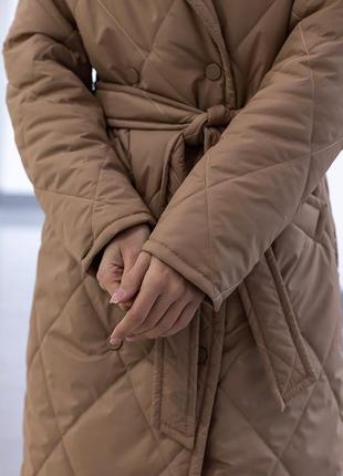 Пальто женское стеганое зимнее теплое, со съемным капюшоном, бренд, кэмел9 фото