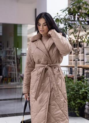 Пальто женское стеганое зимнее теплое, со съемным капюшоном, бренд, кэмел8 фото