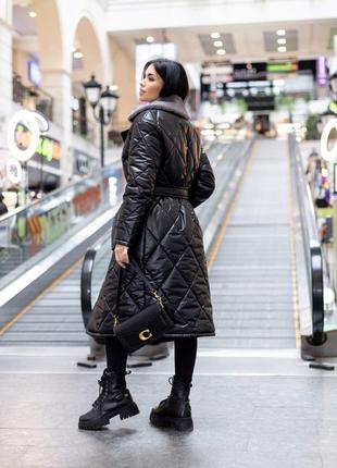 Пальто жіноче стьобане зимове тепле, з капюшоном, бренд, чорне із сірим коміром10 фото