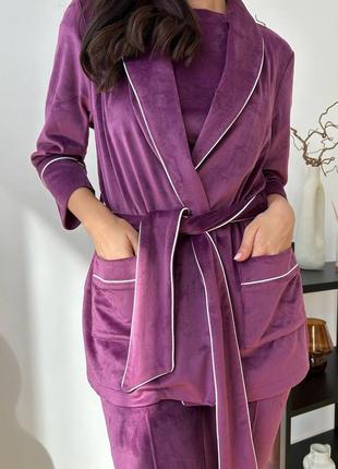 Велюровая пижама шаль, слива2 фото