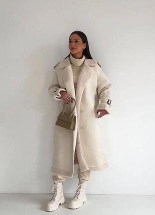 Идеальная женская дубленка пальто 🤌 мех тедди и нубук 🩷5 фото