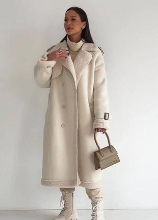 Идеальная женская дубленка пальто 🤌 мех тедди и нубук 🩷3 фото