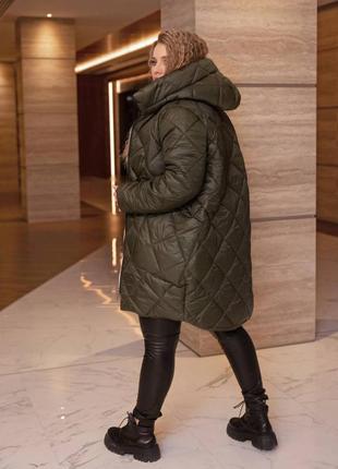 Стьобане пальто зимове жіноче, на синтепоні з капюшоном, пальто великого розміру, хакі3 фото