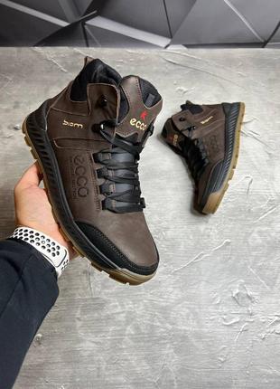 Зимові черевики ecco натуральна шкіра, мужские кожаные зимние ботинки цвет коричневий