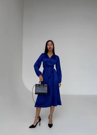 🎨4! шикарна шовкова нарядна сукня електрик синя шовк шовкова шелковая миди міді на запах1 фото