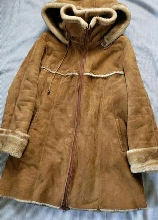 Дубленка пальто натуральная на беременность с капюшоном1 фото