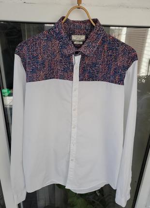 Мужская белая рубашка с цветной вставкой на груди zara man slim fit(xl-l)1 фото