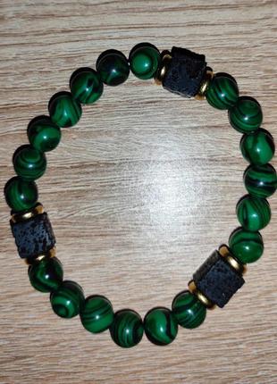 Малахитовый браслет, с черными вставками лавы2 фото