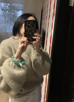 Светр з обʼємними рукавами, альпака, мерінос, ручна робота