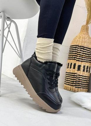 Жіночі зимові кросівки, чорний/беж, натуральна шкіра9 фото