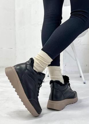 Жіночі зимові кросівки, чорний/беж, натуральна шкіра5 фото