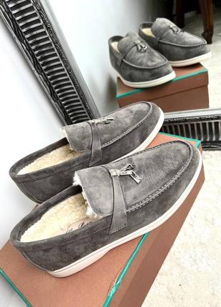 Лоферы туфли натуральные зимние утеплённые мех замша брендовые в стиле loro piana2 фото