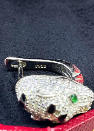 Срібні сережки сережки англійська застібка леопард кішка із зеленими очима з камінням картьє cartier срібло проба 925 нові з биркою італія5 фото