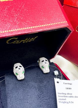 Срібні сережки сережки англійська застібка леопард кішка із зеленими очима з камінням картьє cartier срібло проба 925 нові з биркою італія3 фото