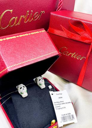 Серебряные серьги серёжки английская застежка леопард кошка с зелеными глазами с камнями картье cartier серебро проба 925 новые с биркой италия
