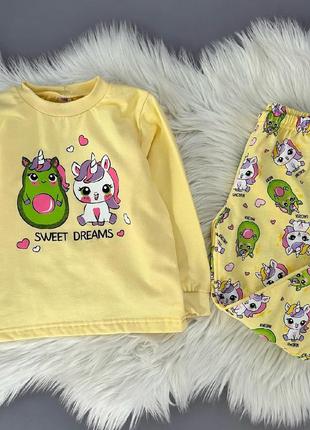 Красивая теплая пижама с начесом для девочек панды, единорог, котики, авокадо