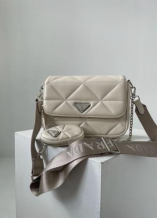 Універсальна модель сумка prada re-Rubber бежева з еко шкіри ремінець текстиль прада