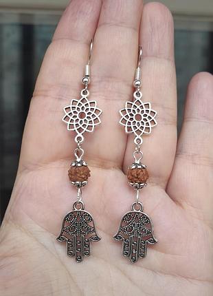 Серьги чакры рудракша хамса рука фатимы хиппи