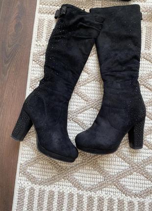Сапоги замшевые высокие на каблуке, женские сапожки высокие замшевые