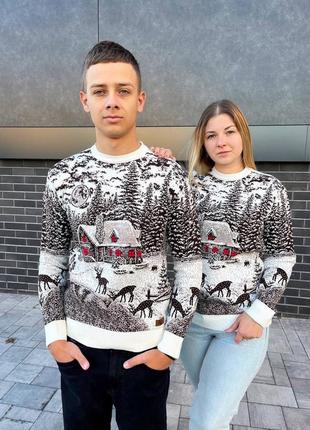 Мужской свитер новогодний с оленями и домом белый женский свитер парные свитера фемели лук