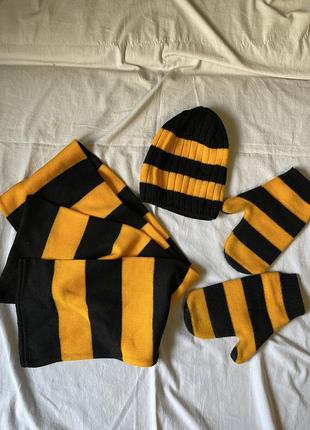 Яскрвий жовто-чорний набір шапка+шарф+рукавиці