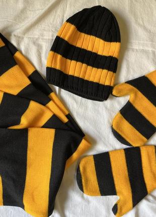 Яскрвий жовто-чорний набір шапка+шарф+рукавиці2 фото