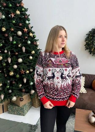 Жіночий новорічний светр з оленями та будинком червоний парні светри з оленями жіночий чоловічий новорічний теплий приємний3 фото