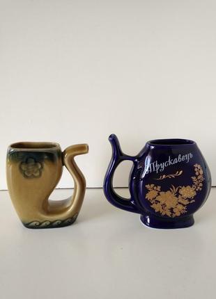 Бюветниця чашка кухоль із носиком поїльник керамічний синій із позолотою трусівець ссер