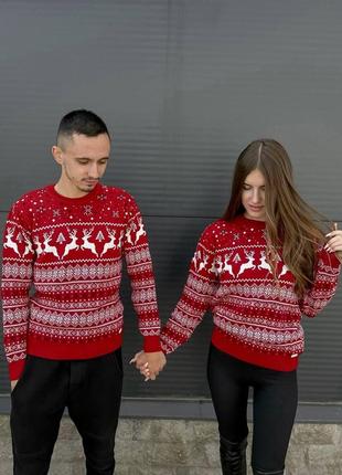 Парні новорічні светри білі/червоні жіночі та чоловічі светр новорічний m, l, xl9 фото