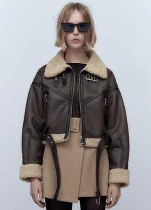 Короткая коричневая куртка авиатор zara-xs-l.пуффер,дубленка,косуха пуховик
