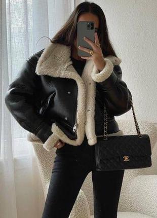 Черная кожаная дубленка zara- xs,s,m,l. укороченая куртка авиатор косуха,пуффер