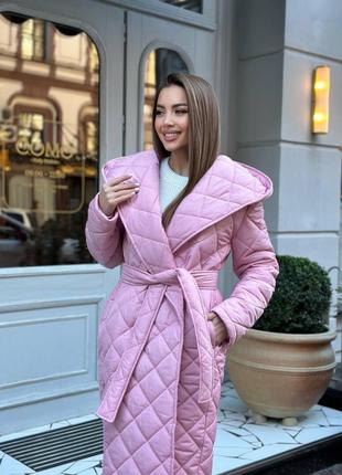 Жіноче стильне зимове пальто водовіштовхуюче вітронепродувне зима зимова куртка рожева чорна пух пуховик з пояском