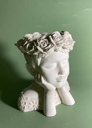 Гіпсове кашпо в скандинавсьокму стилі, кашпо жіноче обличчя з трояндою, кашпо для стабілізованого моха3 фото