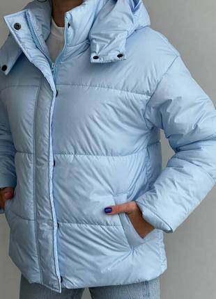 Модна куртка на зиму, жіноча зимова курточка з плащівки на силіконі, куртка зима оверсайз, блакитна2 фото