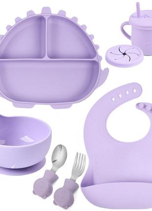 Набір посуду y2 трьохсекційна тарілка,поїльник,ложка виделка металеві,слюнявчик фіолетовий v-11257