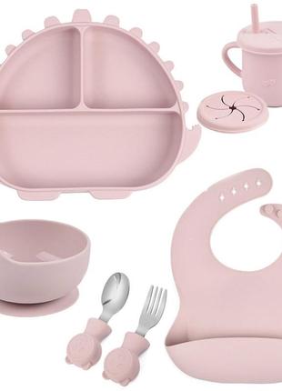 Набор посуды y26 трехсекционная тарелка динозавр,поильник,ложка вилка металлические,слюнявчик розовый v-11271