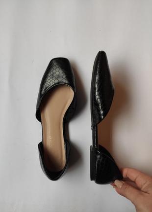 Черные кожаные балетки босоножки туфли на низком ходу квадратным носком на широкую ногу принт рептил3 фото