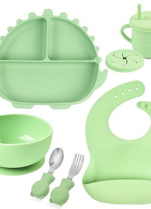 Набір посуду y3 трьохсекційна тарілка,поїльник,ложка виделка металеві,слюнявчик зелений n-11258