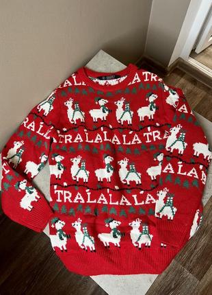Новогодний свитер красный avenue рождественский свитшот с ламами и гирляндами джемпер яркий вязаный праздничный ❤️2 фото