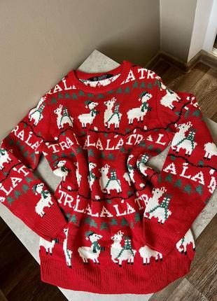 Новогодний свитер красный avenue рождественский свитшот с ламами и гирляндами джемпер яркий вязаный праздничный ❤️10 фото