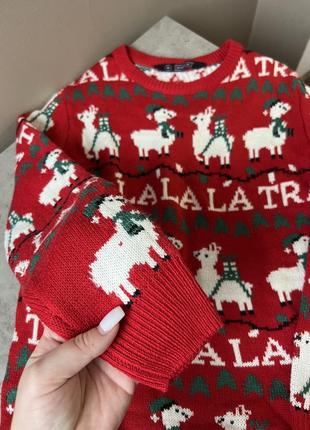 Новогодний свитер красный avenue рождественский свитшот с ламами и гирляндами джемпер яркий вязаный праздничный ❤️6 фото