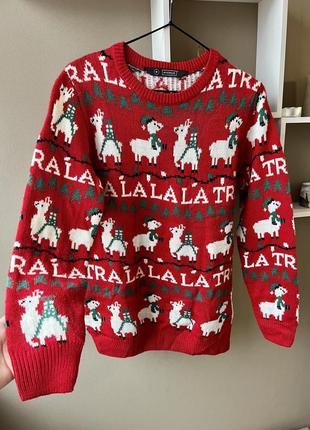 Новогодний свитер красный avenue рождественский свитшот с ламами и гирляндами джемпер яркий вязаный праздничный ❤️