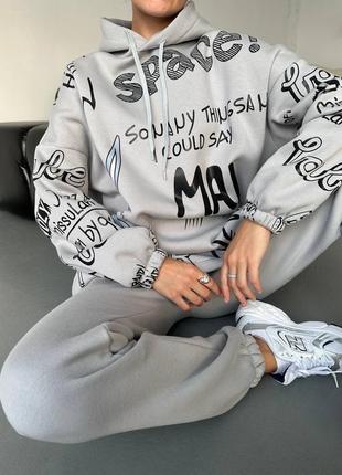 Стильный молодежный теплый спортивный костюм с надписями турецкая трехнить пинь на флисе7 фото