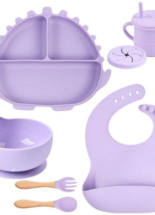 Набір посуду y2 трьохсекційна тарілка динозавтр,поїльник,ложка виделка дерев'яні, слюнявчик фіолетовий v-11242