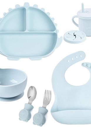 Набор посуды y5 трехсекционная тарелка динозавр,поильник,ложка вилка металлические,слюнявчик голубой n-11260