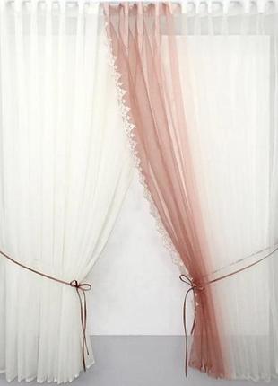 Кухонна фіранка омбре (500х170см) з підв'язками. колір молочний з персиковим