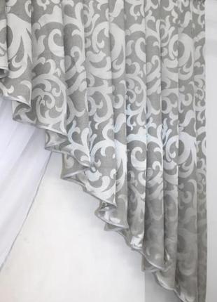 Кухонний комплект штор (150х170см) тюль з ламбрекеном. колір білий з сірим4 фото