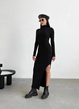 Платье макси с разрезом из 100% хлопка черная белая3 фото