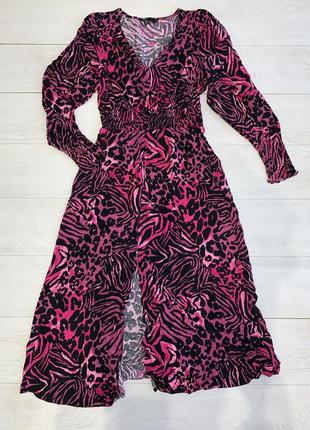 Довге плаття сукня з довгим рукавом в леопардовий принт рожеве з розрізом 16 l-xl
