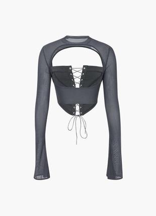 Блузка кофточка топ серый декольте шнуровка завязки сетка клеш прозрачный корсет3 фото